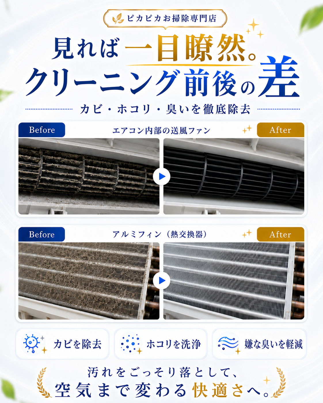 クリーニング前後の差。カビ、ホコリ、臭いを徹底除去